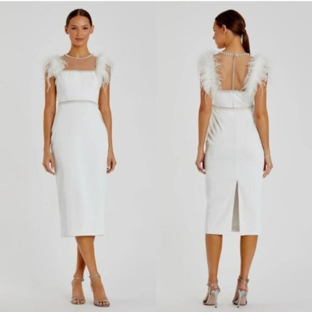 Mac Duggal 11438 White Feather Cap Sleeve Pearl Crepe Tea Length Dress Size 6